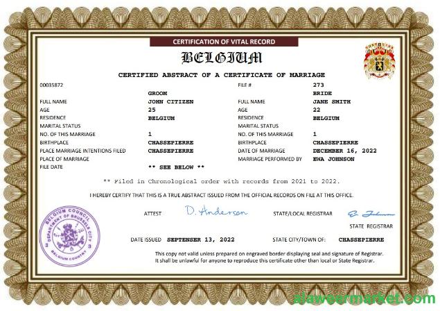 Belgium marriage certificate Word and PDF template